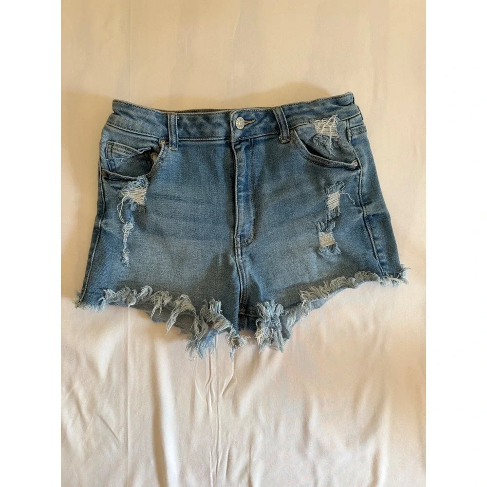 Wax Jean Women Distressed High Waisted Denim Shorts Light Wash Frayed Hem Size L
